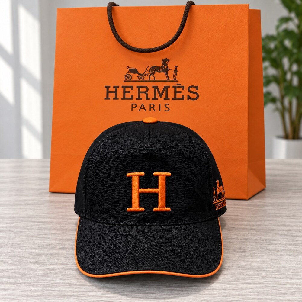 Hermes Black Orange H Logo Cap